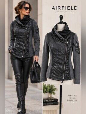 Asymmetrical Black Moto-Inspired Jacket Mixed Media European Designer AIRFIELD